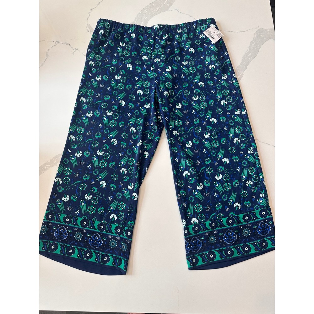 Liz Claiborne Career Botanical Bliss Navy Blue Floral Wide Leg Crop Pants XL NWT
